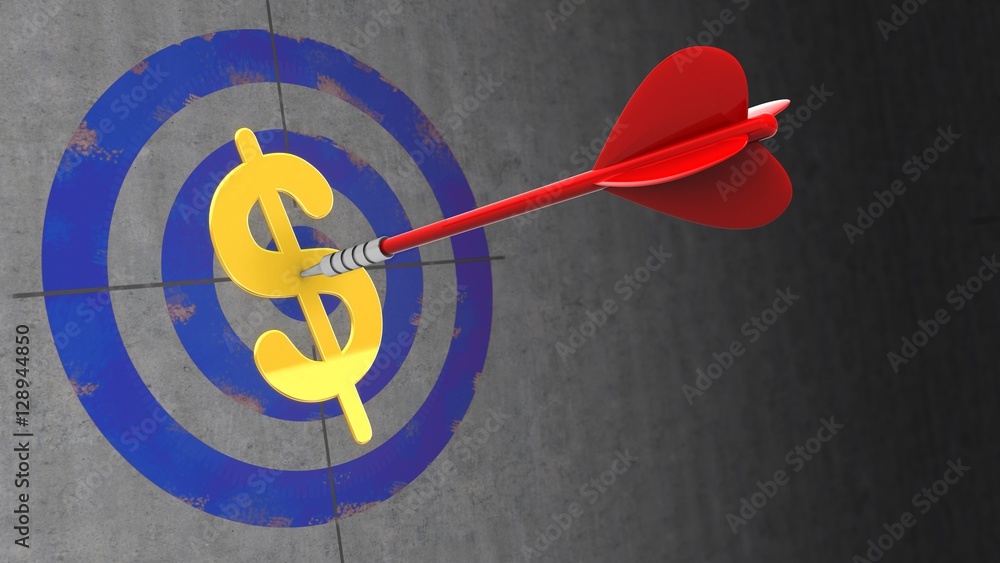3d illustration of target on wall with red dart and dollar sign