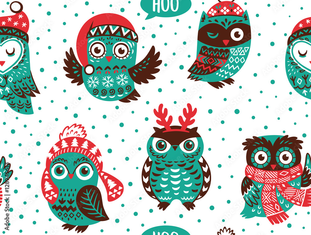 Hand drawn winter background with Christmas Owls Hand drawn winter background with Christmas Owls