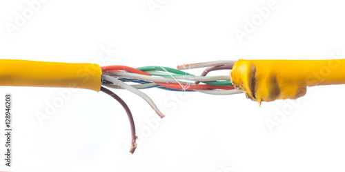 Obraz na płótnie Damage to the cable network with torn wire on white background