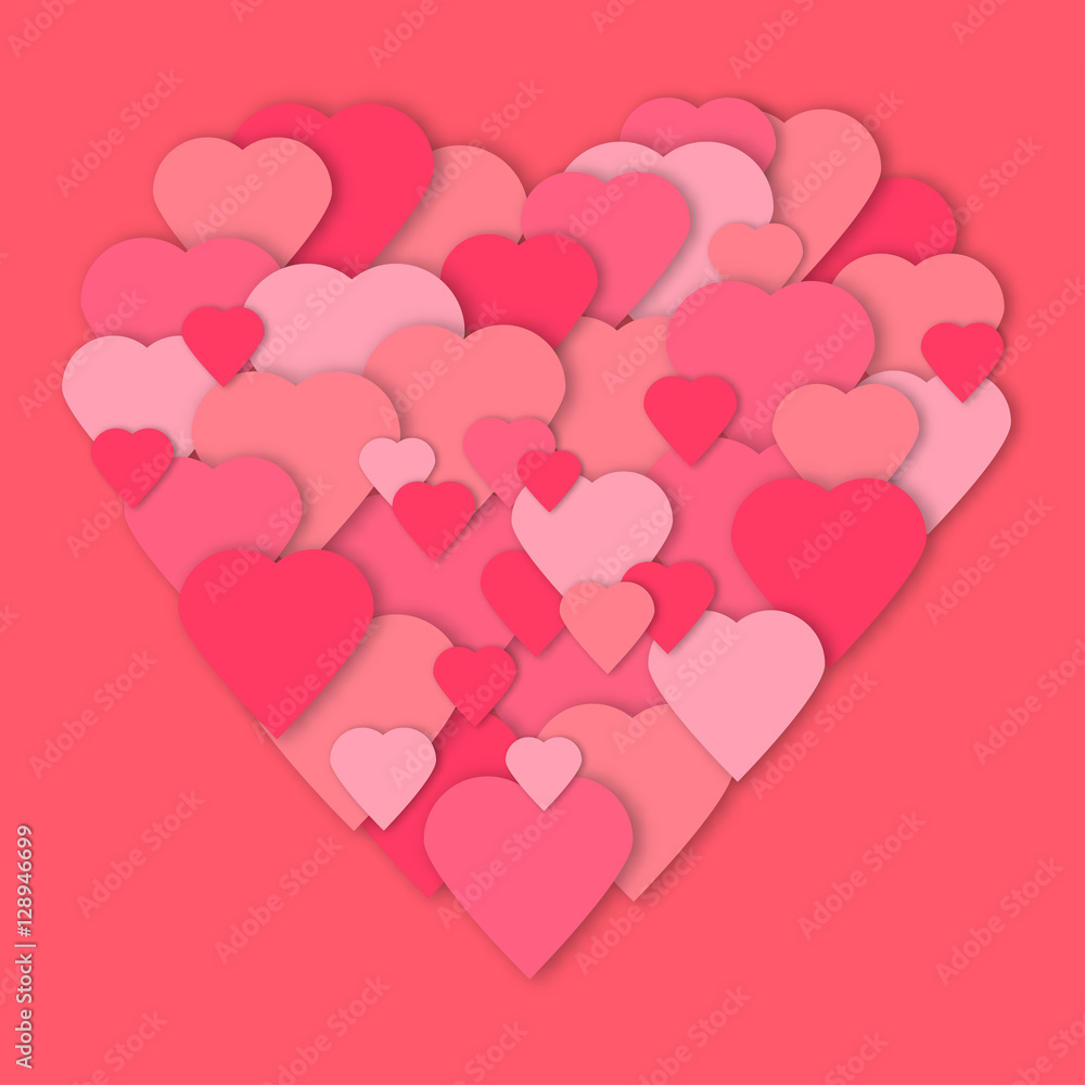 Bright pink paper hearts vector background. Vector hearts collage in heart form. Wedding, anniversary, birthday, Valentine's day, party design for banner, poster, 3d card, invitation, brochure, flyer.