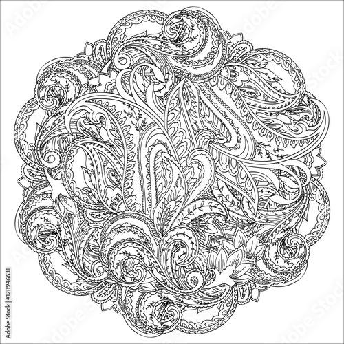 Paisley mandala. Monochrome hand drawn floral motif for coloring page, book