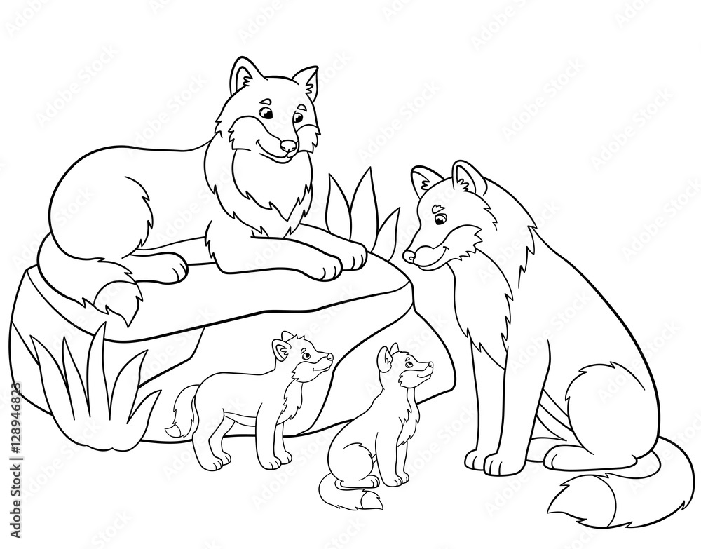 Fototapeta premium Coloring pages. Mother and father wolves with their babies.