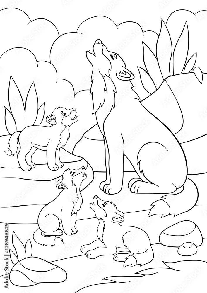 Naklejka premium Coloring pages. Father wolf howls with his little babies.