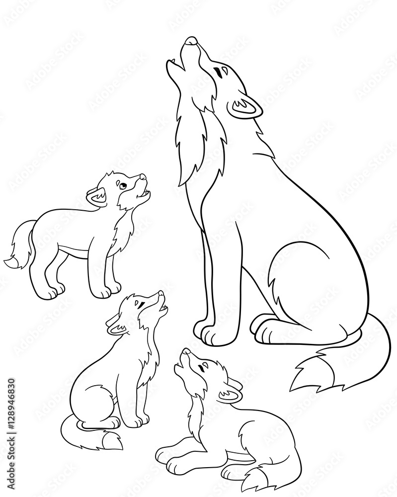 Obraz premium Coloring pages. Father wolf howls with his little babies.