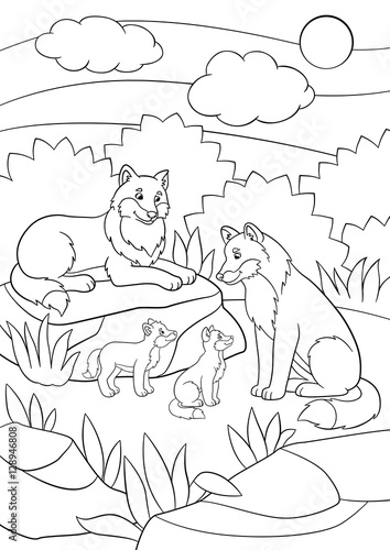 Coloring pages. Mother and father wolves with their babies.