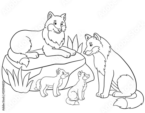 Coloring pages. Mother and father wolves with their babies.