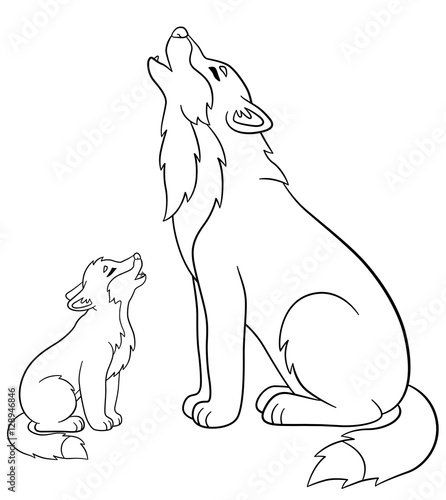 Coloring pages. Father wolf howls with his cute baby.