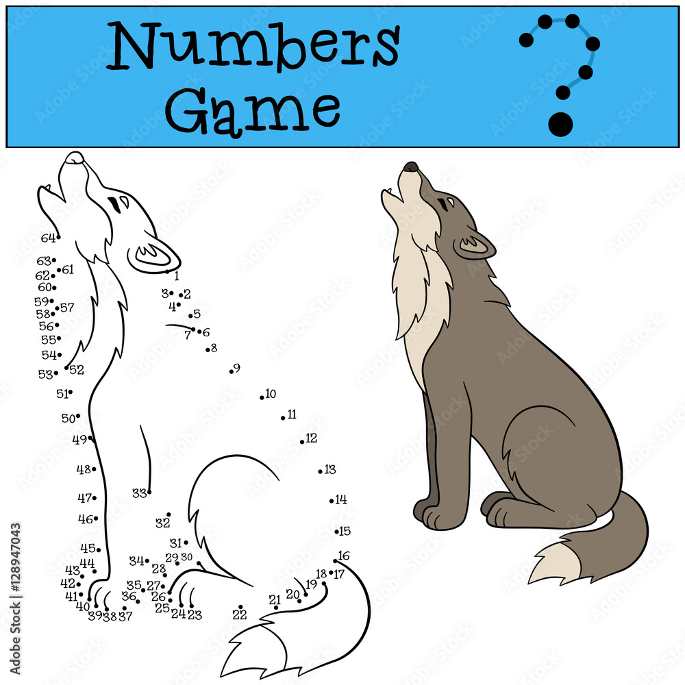 Fototapeta premium Educational game: Numbers game. Cute beautiful wolf howls.