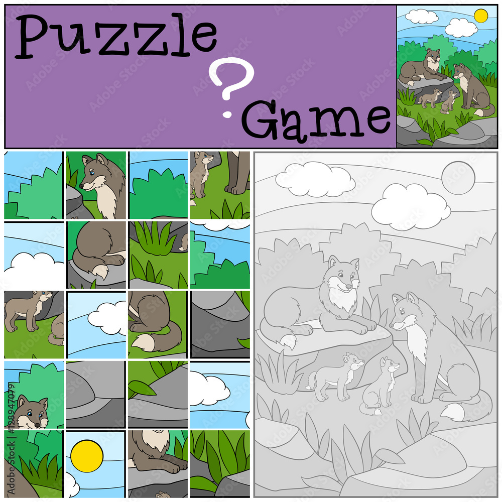 Fototapeta premium Education game: Puzzle. Wolf family.