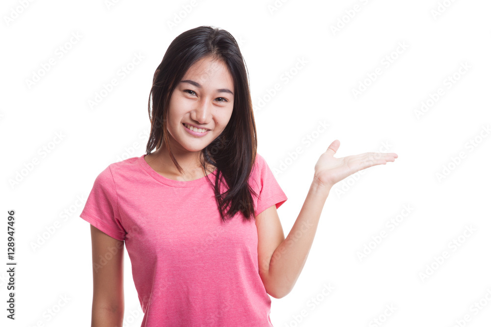 Beautiful young Asian woman show palm hand isolated on white background Beautiful young Asian woman show palm hand isolated on white background