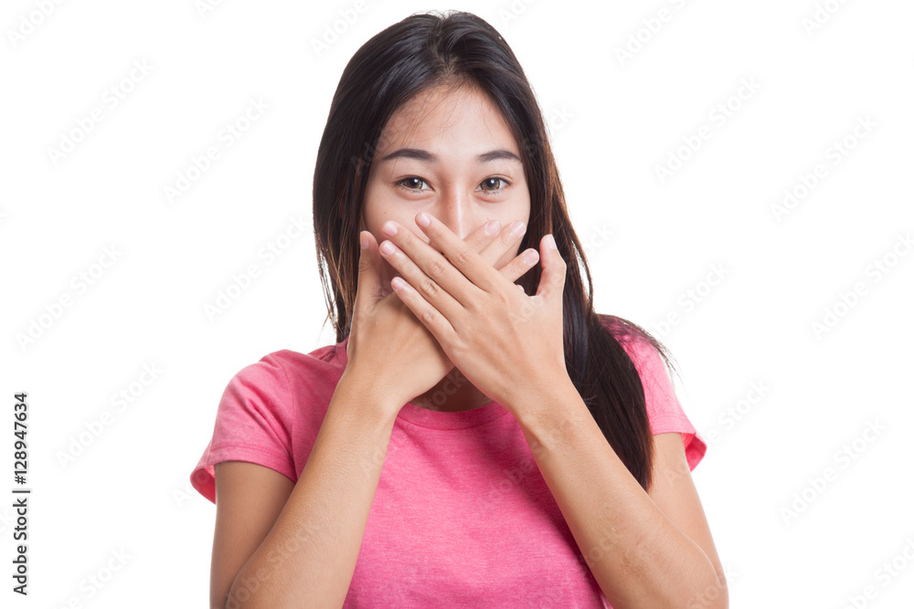 Beautiful young Asian woman close her mouth isolated on white background Beautiful young Asian woman close her mouth isolated on white background