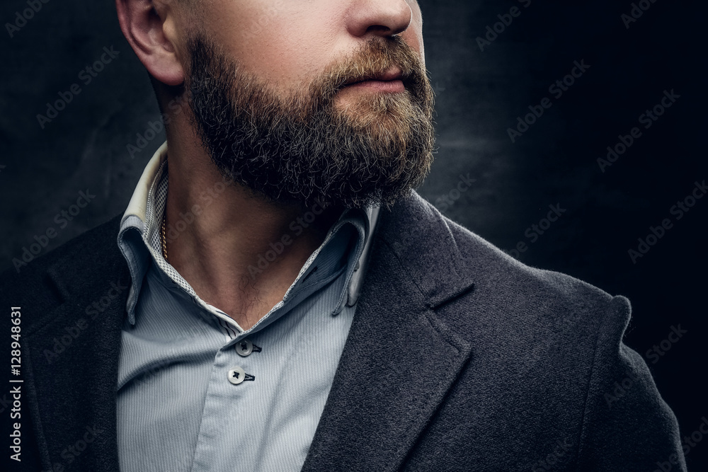 Fototapeta premium Man's beard and woolen suit on grey background.