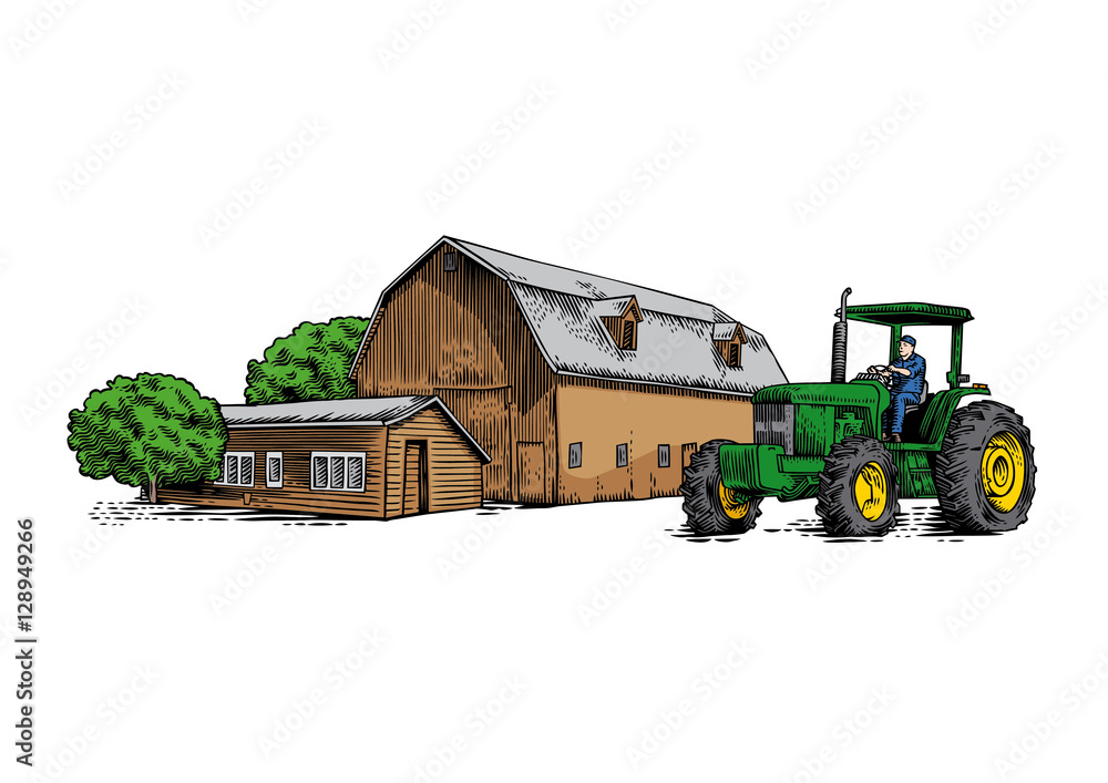 Obraz premium Farm building and tractor