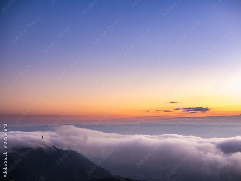 Misty morning sunrise at Phu tubberk National Park Phetchabun Province Asia Thailand,
