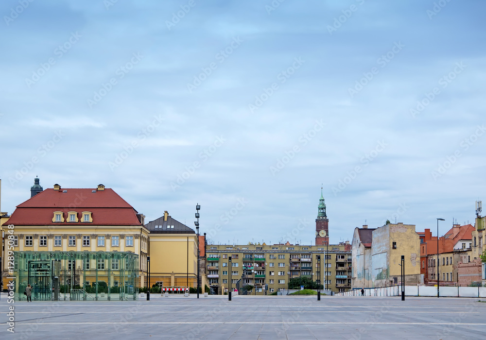 Wroclaw city Freedom Square. Historic buildings in the eastern european city. Wroclaw cityscape, Poland