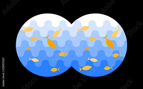 View through binoculars to the sea full of fish. Vector illustration in childish cartoon style.