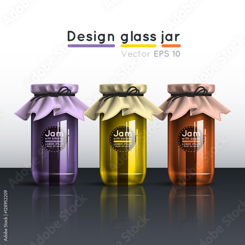 Glass jar with jam. A template of design of packaging of jam with bilberry, banana and apple.
