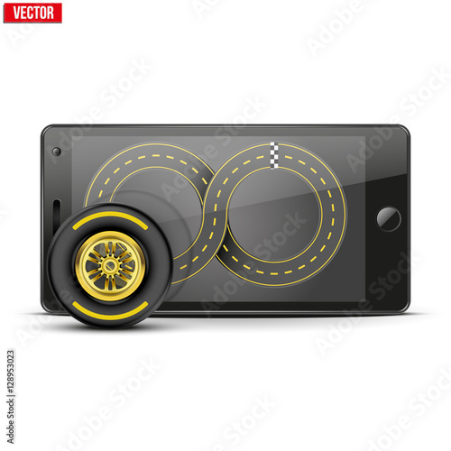 Mobile phone with racing wheel and track on the screen. Sports theme and applications. Vector illustration Isolated on white background.
