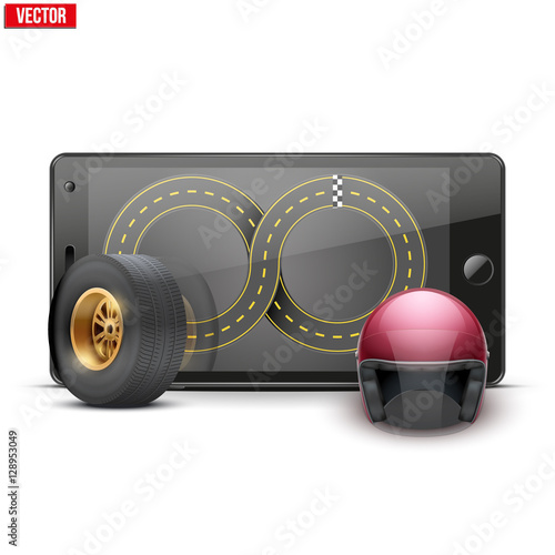 Mobile phone with racing wheel and helmet and track on the screen. Sports theme and applications. Vector illustration Isolated on white background.