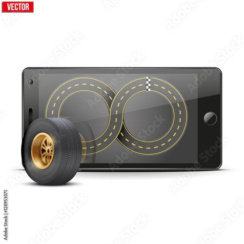 Mobile phone with racing wheel and track on the screen. Sports theme and applications. Vector illustration Isolated on white background.