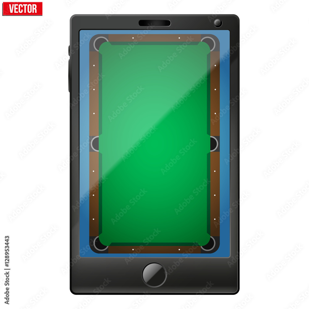 Smartphone with a billiard field on the screen. Sport technology and applications. Vector illustration. Isolated on white background. Smartphone with a billiard field on the screen. Sport technology and applications. Vector illustration. Isolated on white background.