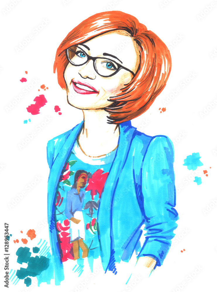 illustration fashionable red haired girl in glasses illustration fashionable red haired girl in glasses