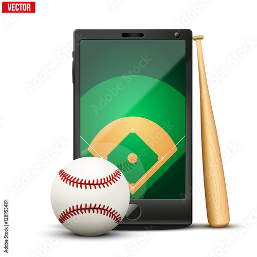 Smartphone with baseball ball and field on the screen. Sports theme and applications. Vector illustration Isolated on white background.