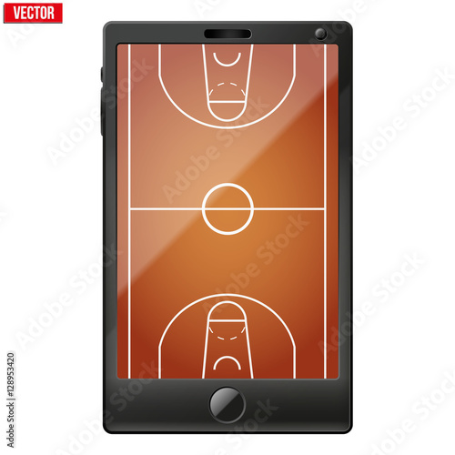 Smartphone with a basketball field on the screen. Sport technology and applications. Vector illustration. Isolated on white background.