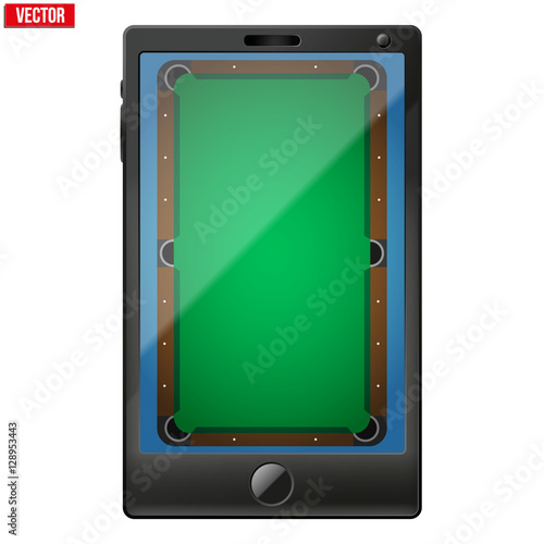Smartphone with a billiard field on the screen. Sport technology and applications. Vector illustration. Isolated on white background.