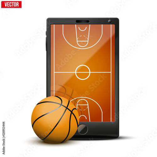 Smartphone with basketball ball and field on the screen. Sports theme and applications. Vector illustration Isolated on white background.