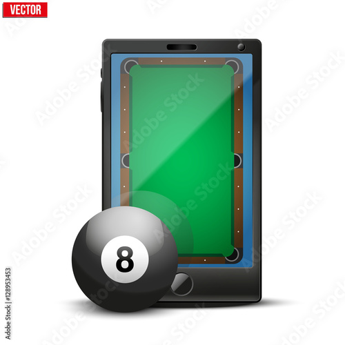 Smartphone with billiard ball and field on the screen. Sports theme and applications. Vector illustration Isolated on white background.