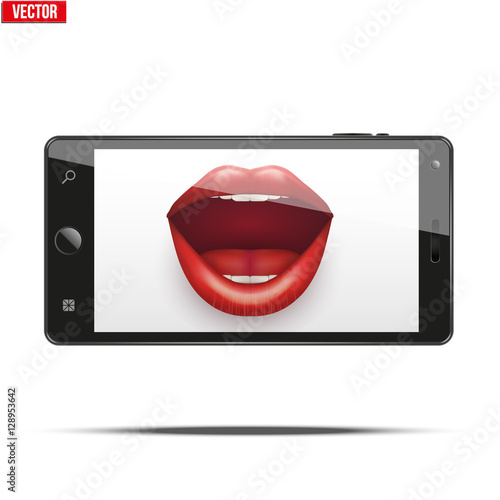 Smartphone with women's lips on the screen. Concept of selfie. Editable Vector Illustration isolated on white background.
