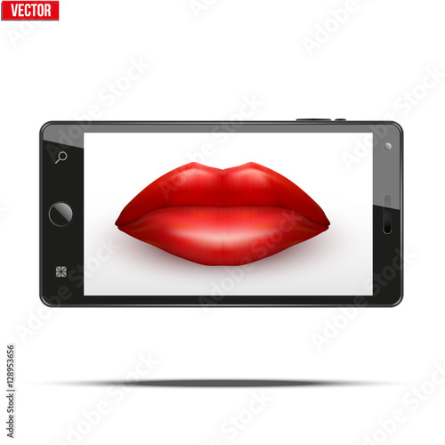 Smartphone with women's lips on the screen. Concept of selfie. Editable Vector Illustration isolated on white background.