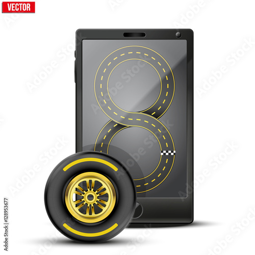 Smartphone with racing wheel and track on the screen. Sports theme and applications. Vector illustration Isolated on white background.