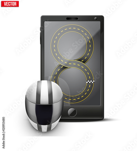 Smartphone with racing helmet and track on the screen. Sports theme and applications. Vector illustration Isolated on white background.