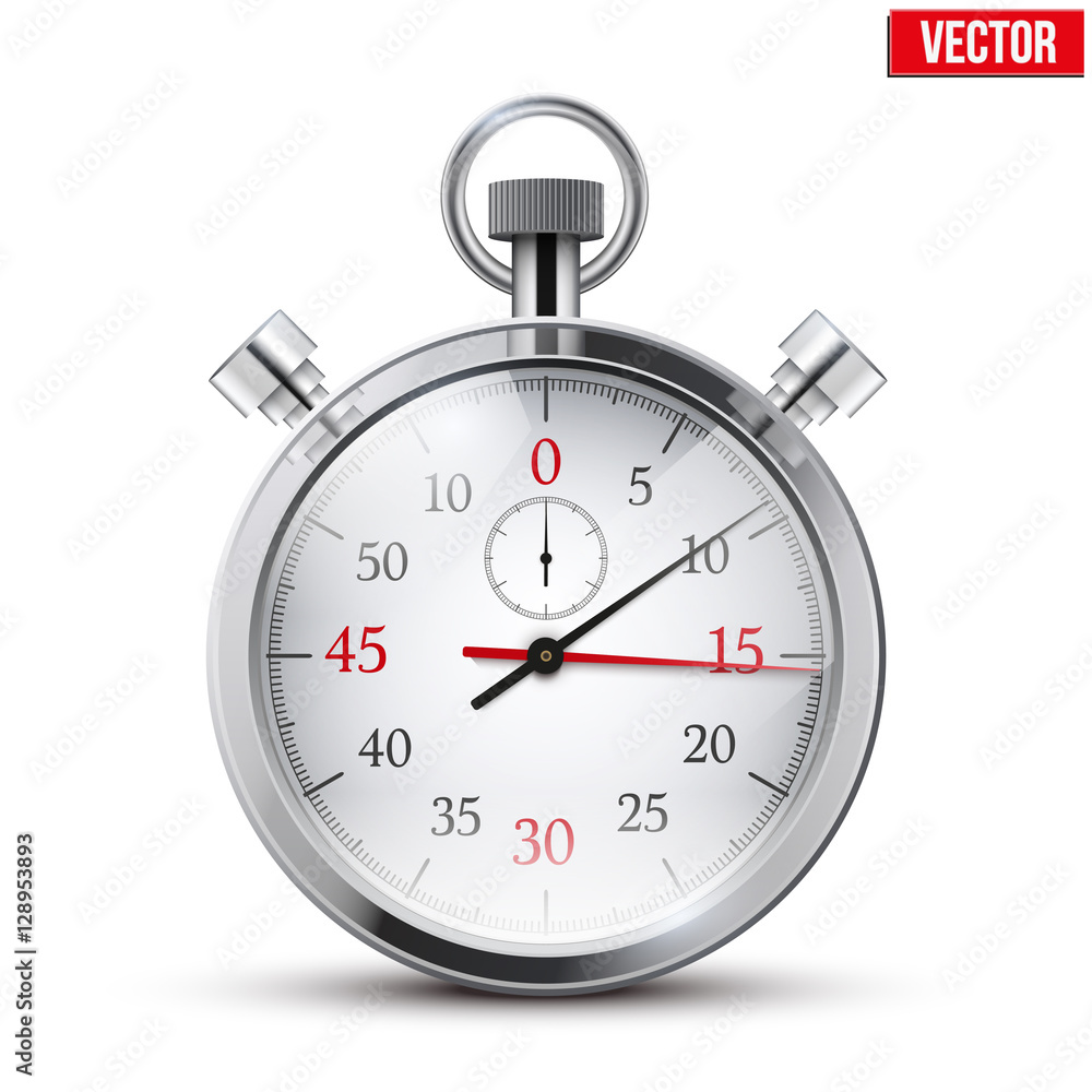Realistic shine analog stopwatch. Business or speed concept. Vector illustration isolated on white background. Realistic shine analog stopwatch. Business or speed concept. Vector illustration isolated on white background.