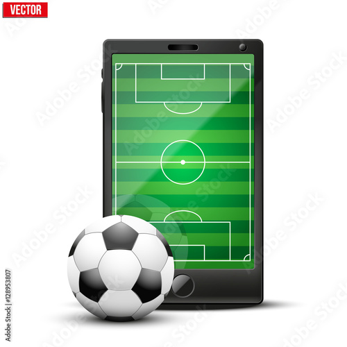 Smartphone with soccer football ball and field on the screen. Sports theme and applications. Vector illustration Isolated on white background.