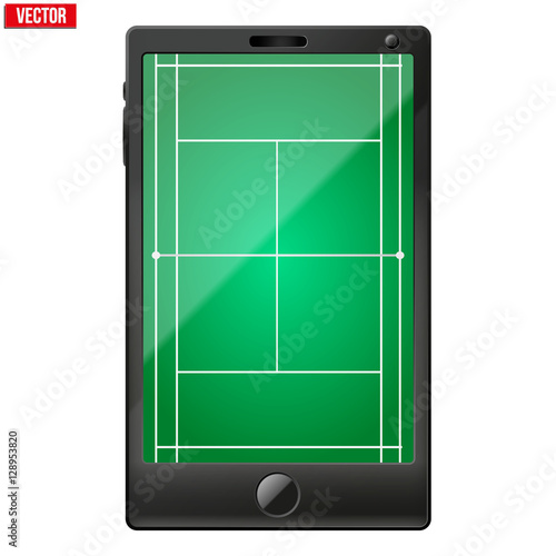 Smartphone with a tennis field on the screen. Sport technology and applications. Vector illustration. Isolated on white background.