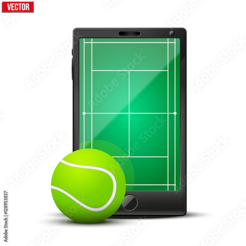 Smartphone with tennis ball and field on the screen. Sports theme and applications. Vector illustration Isolated on white background.