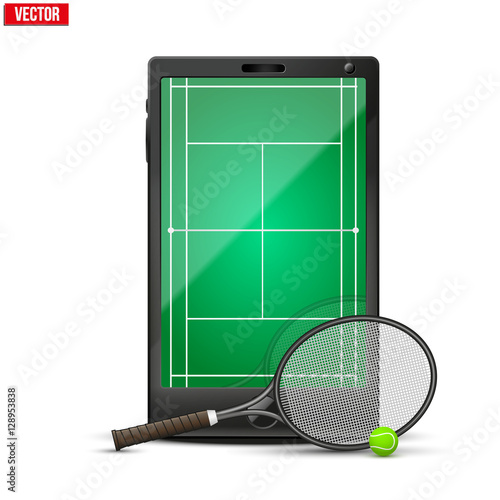 Smartphone with tennis ball and field on the screen. Sports theme and applications. Vector illustration Isolated on white background.