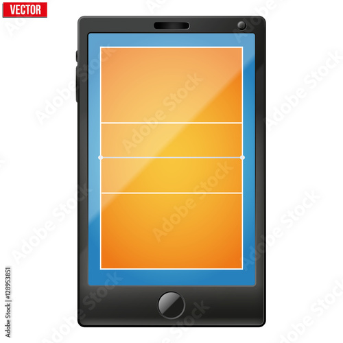 Smartphone with a volleyball field on the screen. Sport technology and applications. Vector illustration. Isolated on white background.