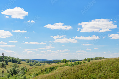 landscape with forest, sky with clouds, hills and ravines