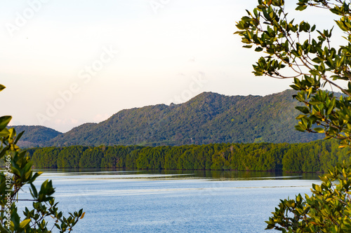 Landscape view of mountain and lake.