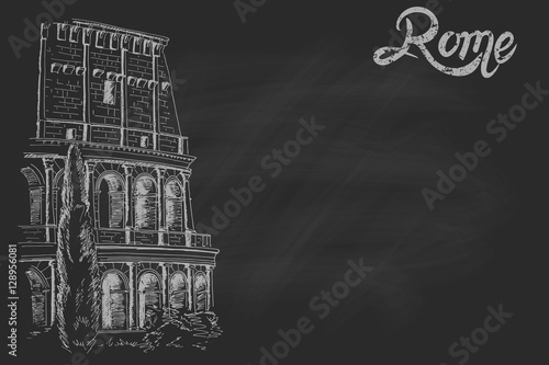 vector sketch of Coliseum on black chalk board. Rome. Italy.