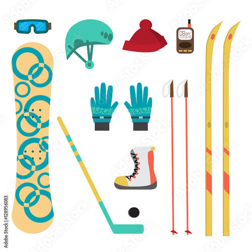 Winter sport different accessories snowboard, cross-country skii
