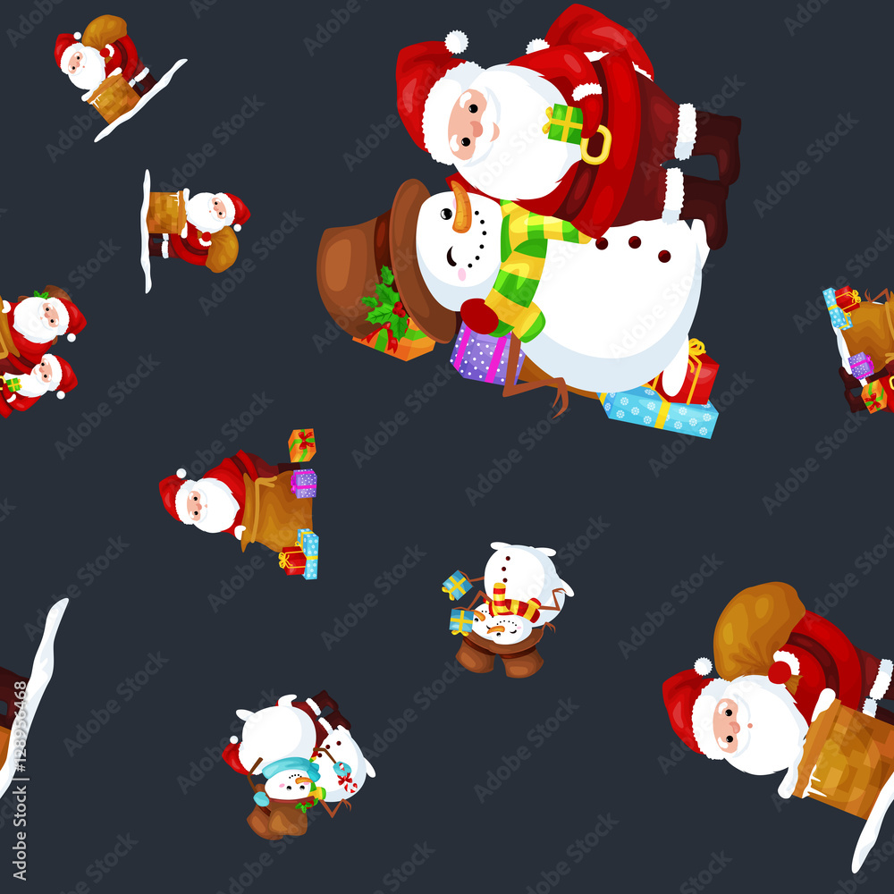 Naklejka premium Merry Christmas and Happy New Year Friends Santa Claus in hat snowman in scarf celebrate xmas, snowfall from snowflakes vector illustration