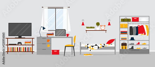 Vector illustration of the interior with bed, workplace, wardrobe and TVset photo