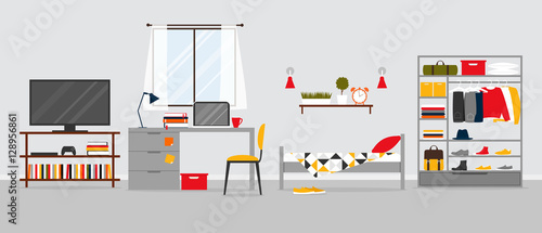 Vector illustration of the interior with bed, workplace, wardrobe and TVset