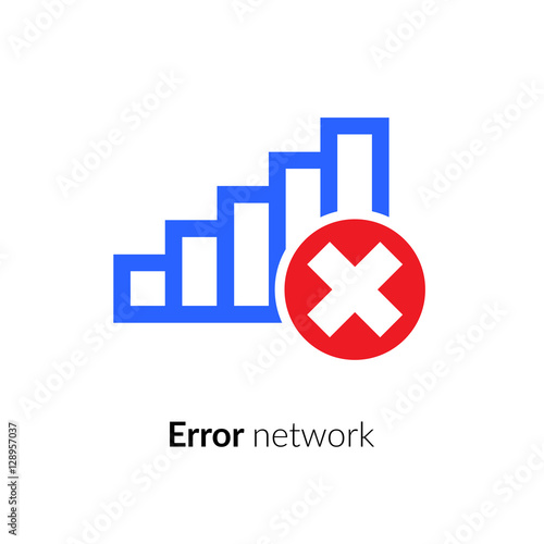Error, wrong, incorrect, disconnect, bad antenna, not available, no signal stop symbol with network, connect, internet Wi-Fi, WLAN, blue icon on black background for computer or mobile interface.