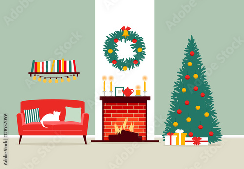 Vector illustration of the Christmas living room with fireplace